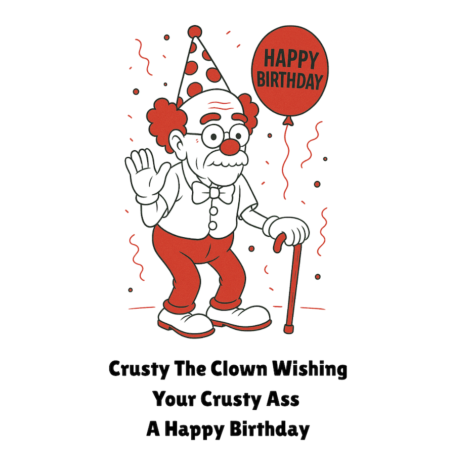 CRUSTY THE CLOWN WISHING YOUR CRUSTY ASS A HAPPY BIRTHDAY - AVAILABLE AS A FUNNY MUG OR TUMBLER
